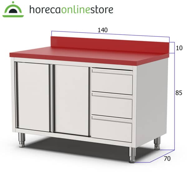 Werkkast - snijtafel - schuifdeur - lades - 140 cm - RVS - Polyethylene