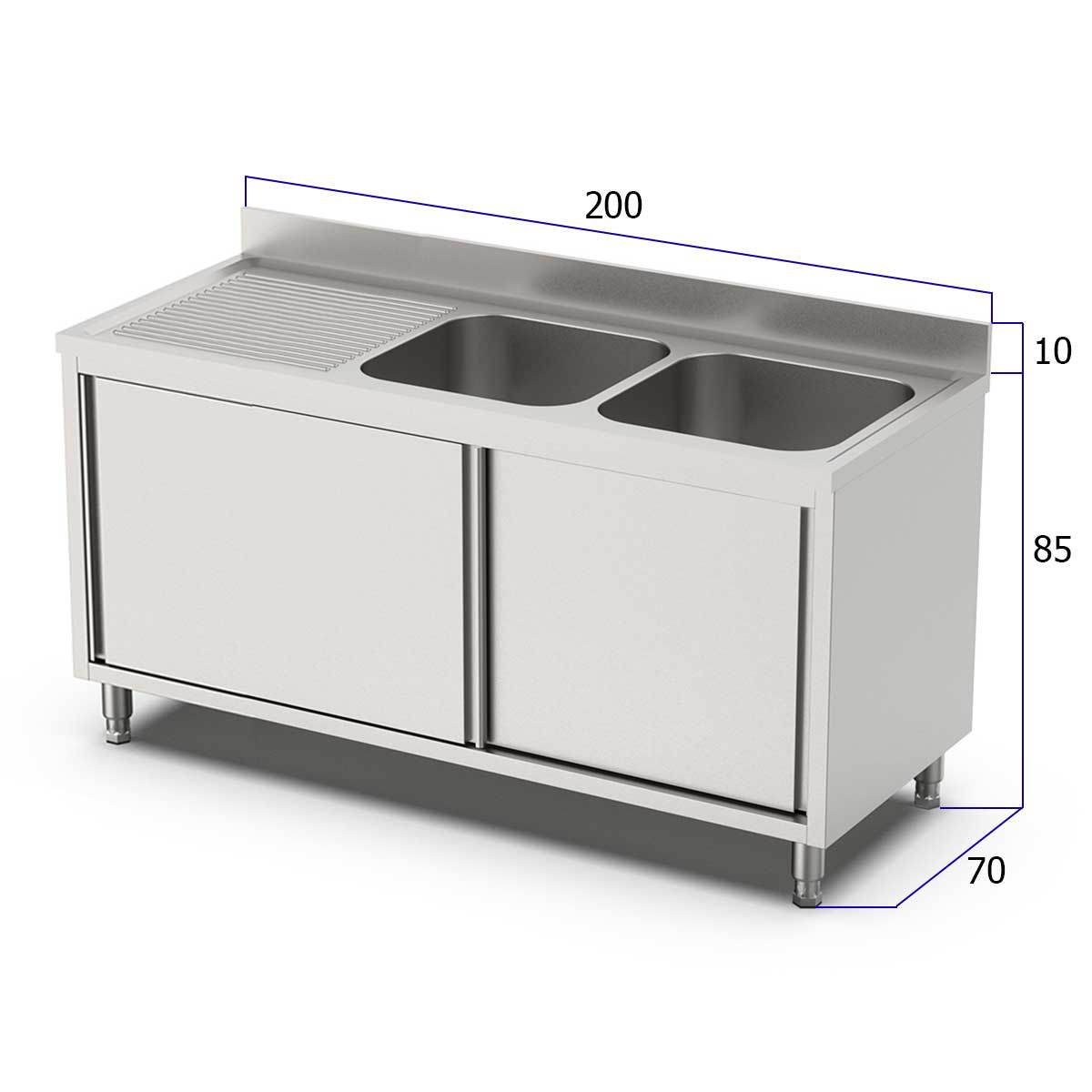 HCB Spoeltafel - dubbele spoelbakken rechts - schuifdeuren - 200 cm - RVS - Afbeelding 6