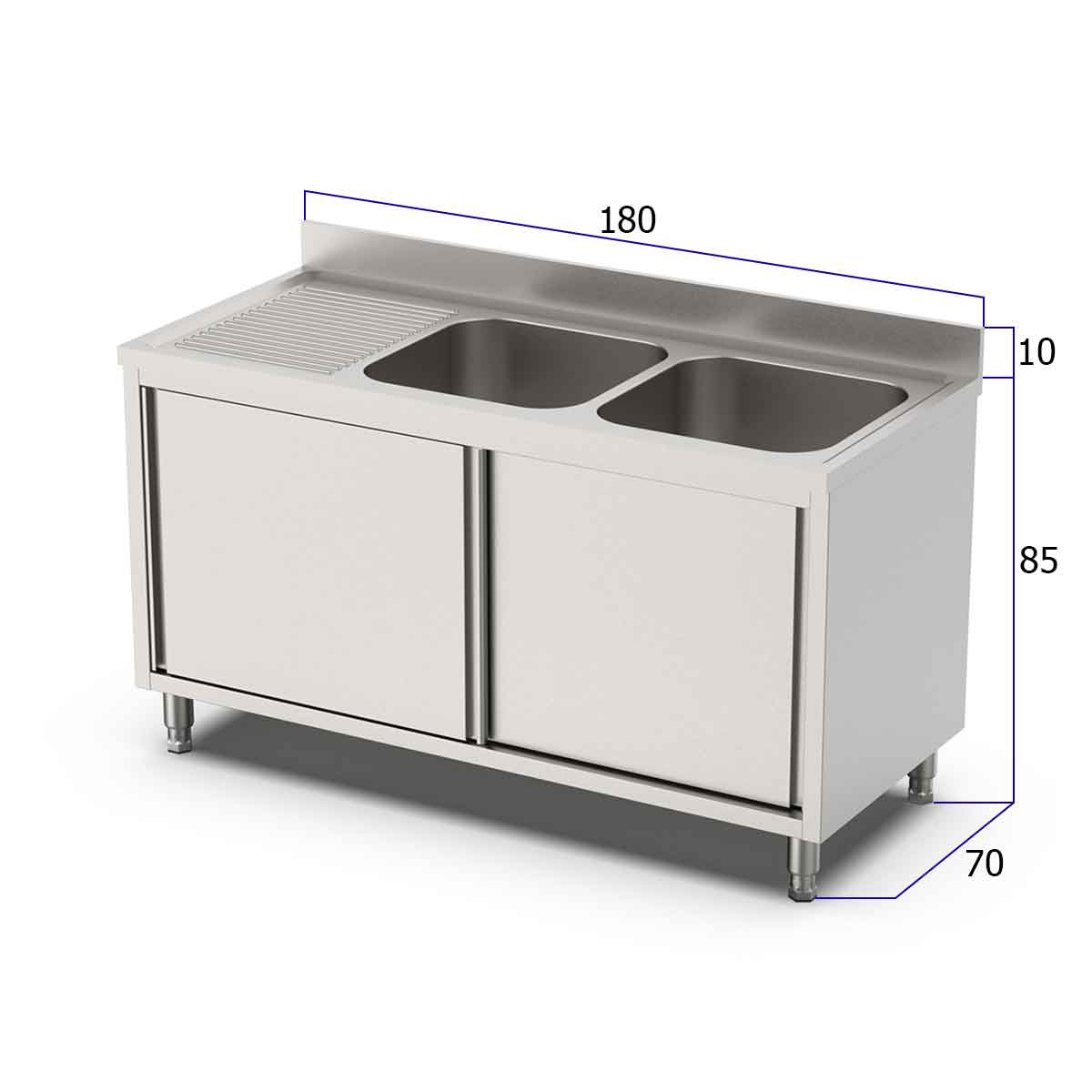 HCB Spoeltafel - dubbele spoelbakken rechts - schuifdeuren - 180 cm - RVS - Afbeelding 2