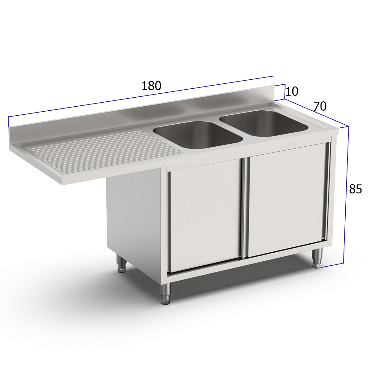 HCB Spoeltafel - dubbele spoelbakken rechts - schuifdeuren - 180 cm - RVS - Afbeelding 2