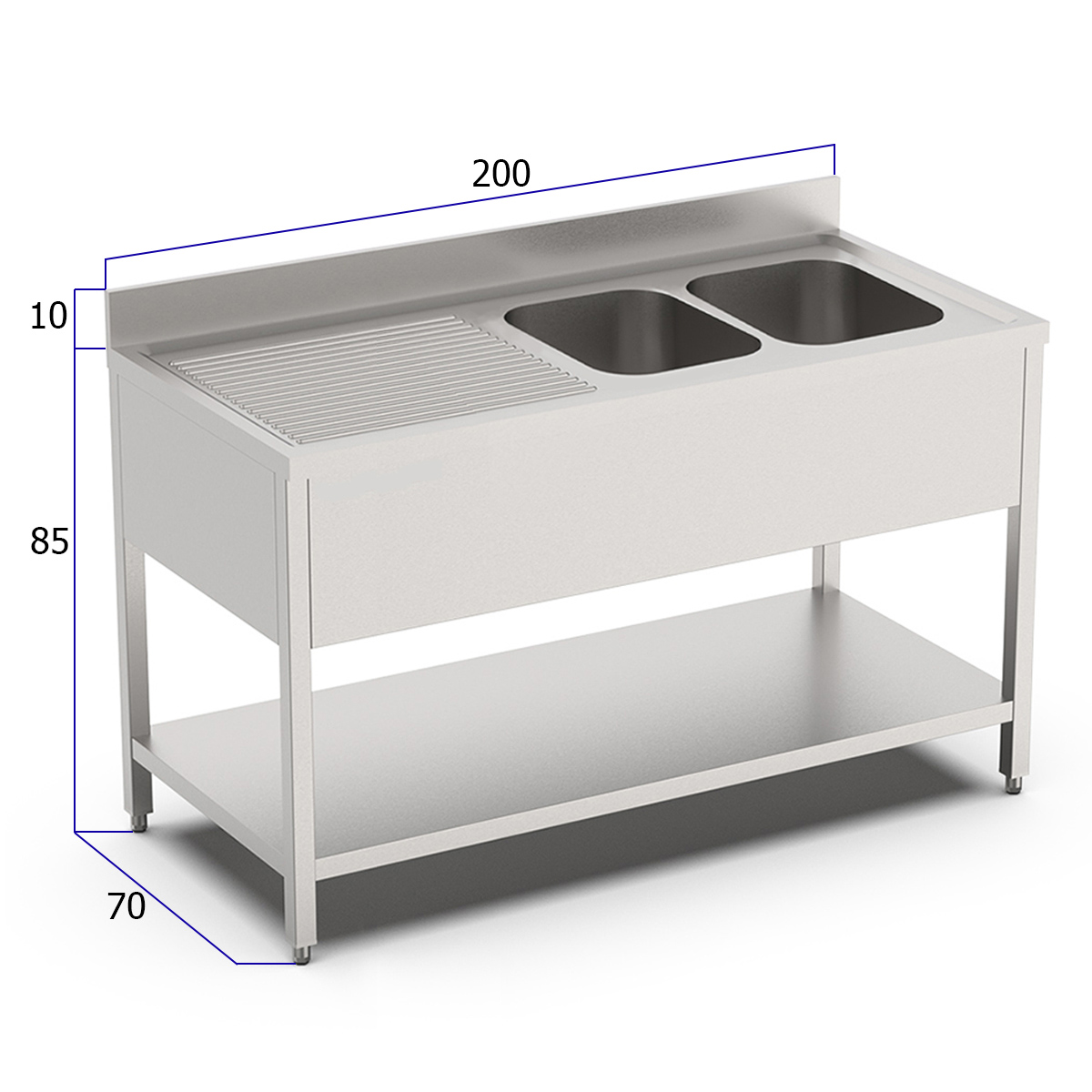 HCB Spoeltafel - dubbele spoelbakken rechts - 200 cm - RVS - Afbeelding 2
