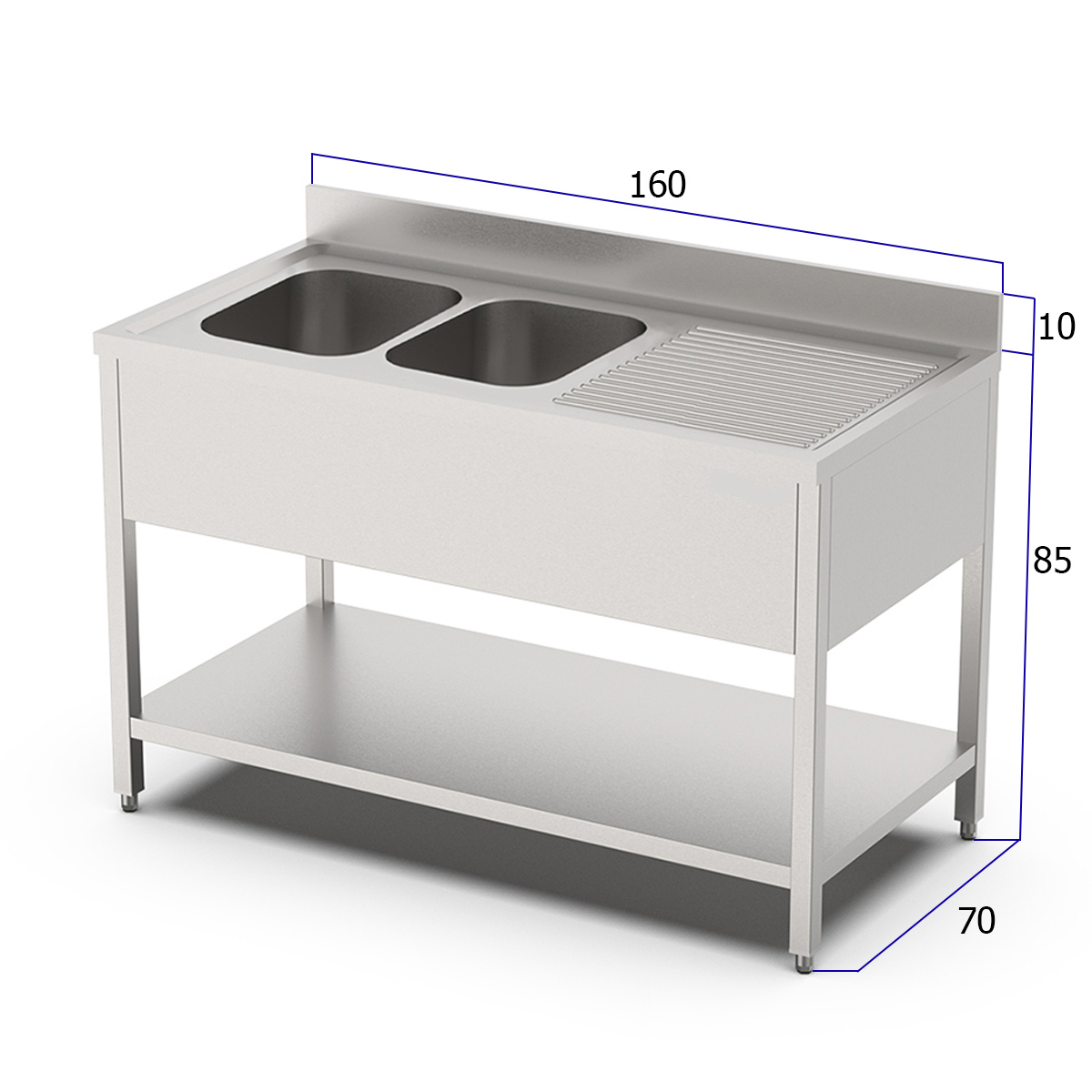 HCB Spoeltafel - dubbele spoelbakken links - 160 cm - RVS - Afbeelding 2