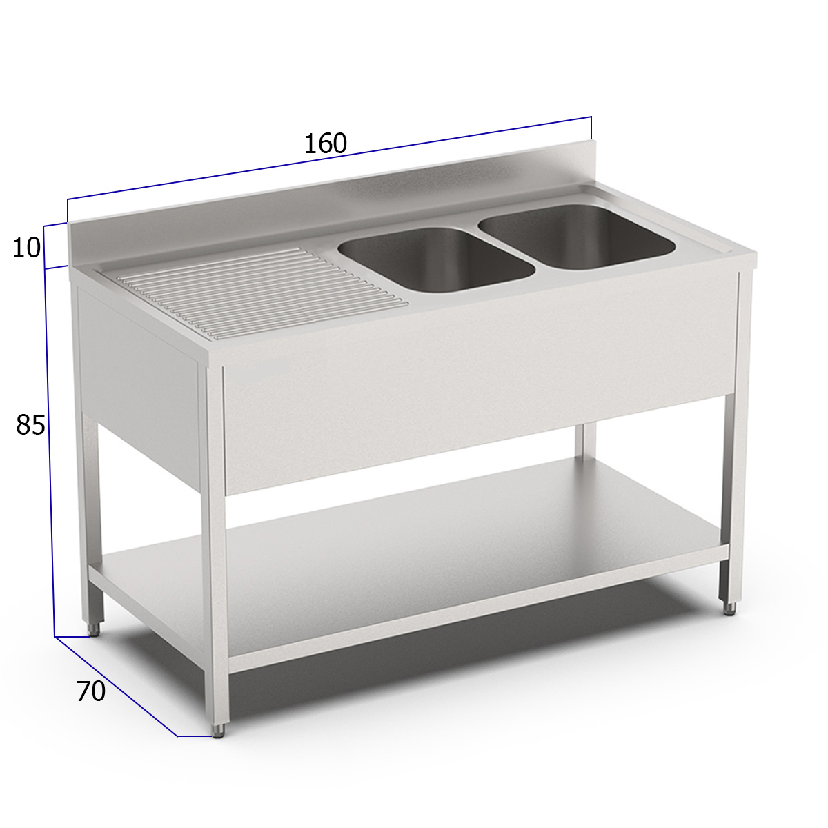 HCB Spoeltafel - dubbele spoelbakken rechts - 160 cm - RVS - Afbeelding 2