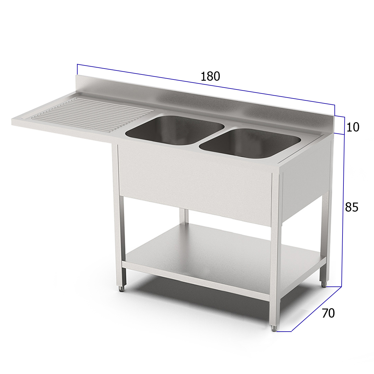 HCB Spoeltafel - dubbele spoelbakken rechts - 180 cm - RVS - Afbeelding 2
