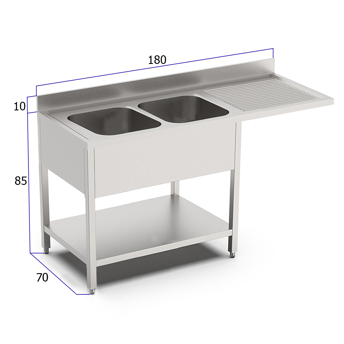 HCB Spoeltafel - dubbele spoelbakken links - 180 cm - RVS - Afbeelding 2