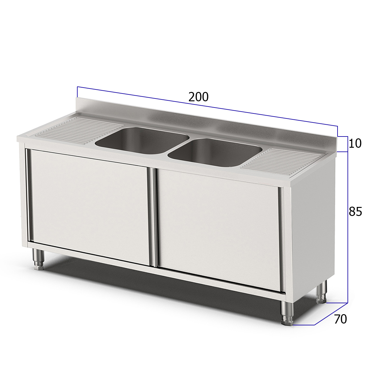 HCB Spoeltafel - dubbele spoelbakken midden - schuifdeuren - 200 cm - RVS - Afbeelding 2