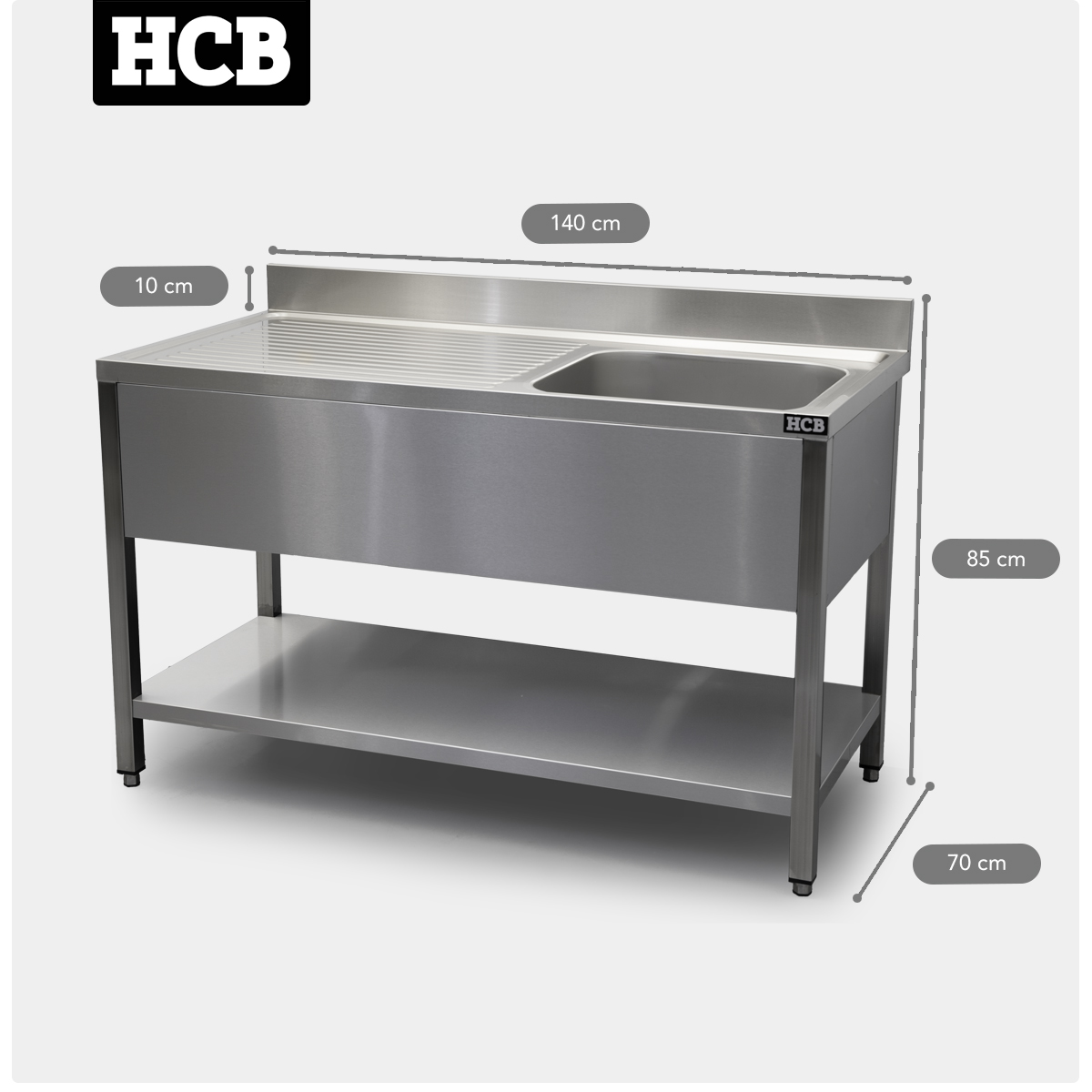 HCB Spoeltafel - enkele spoelbak rechts - 140 cm - RVS