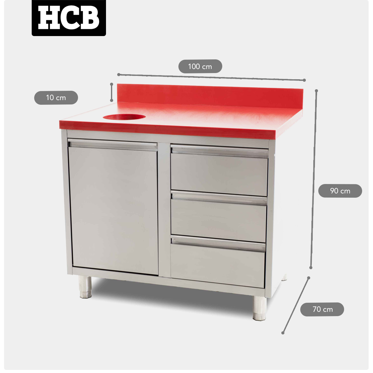 HCB Werkkast - snijtafel - afvalbak - lades - 100 cm - RVS - Polyethylene