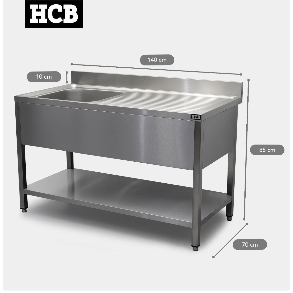 HCB Spoeltafel - enkele spoelbak links - 140 cm - RVS