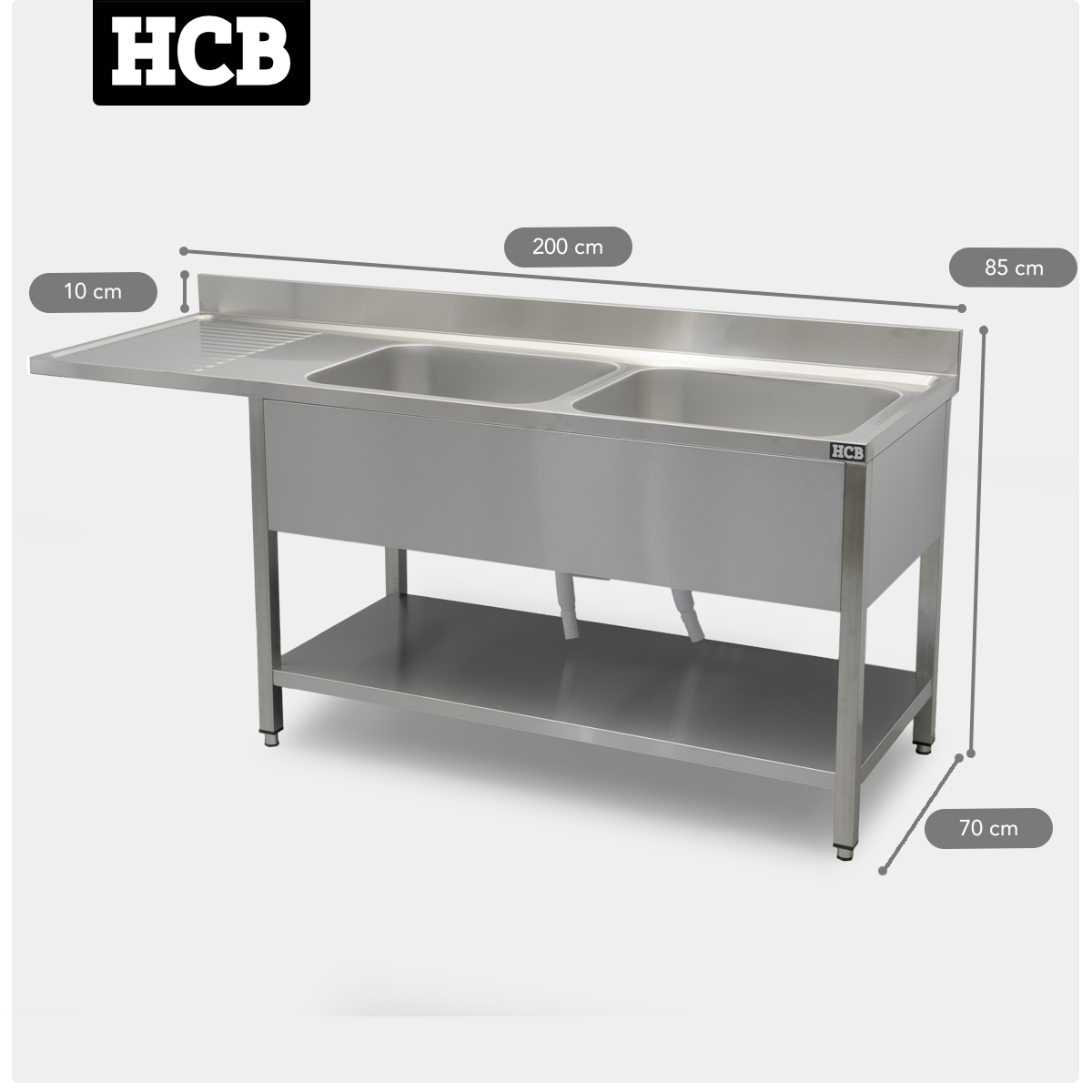 HCB Spoeltafel - dubbele spoelbakken rechts - 200 cm - RVS