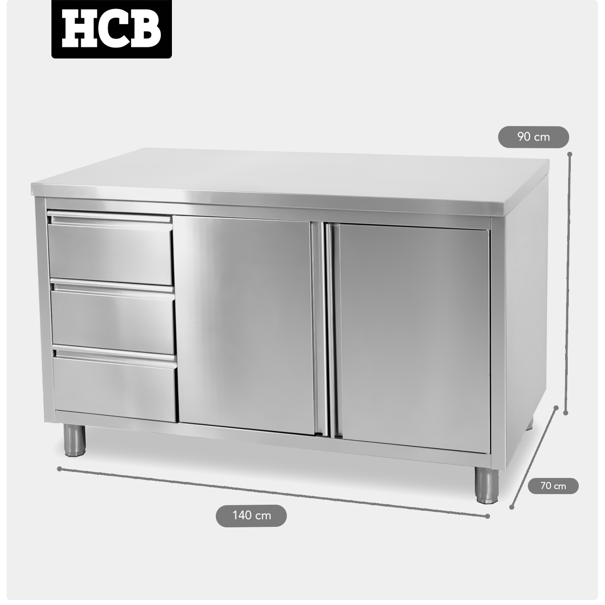 HCB Werkkast - klapdeuren - 3 lades - 140 cm - RVS